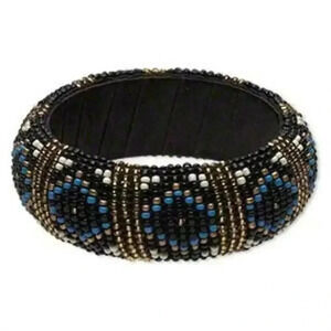 Hand Crafted India Beaded Bangle Bracelet Black Gold Blue White Fair Trade